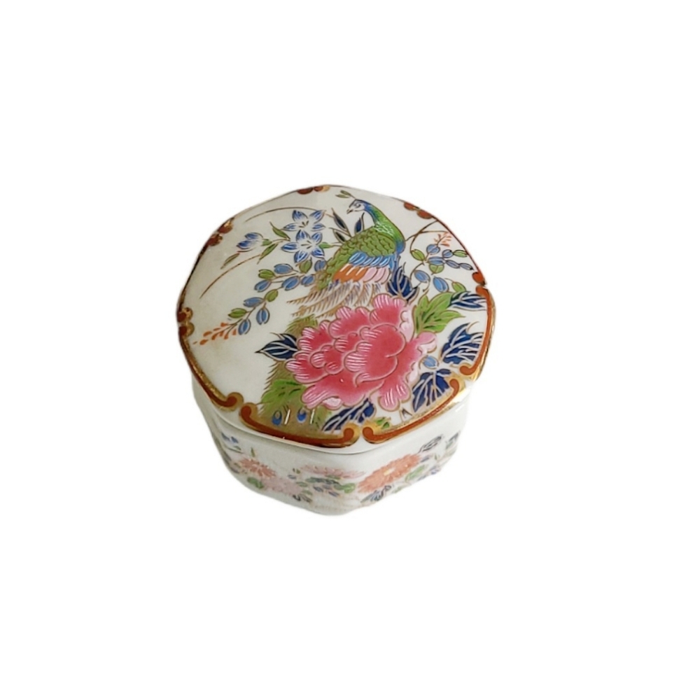 SHIBATA Japan Octagonal Peacock Peony Trinket Box Ceramic Lidded Oriental Design
